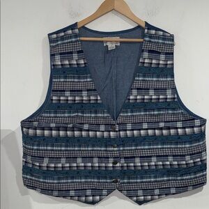 Blue Plaid Button-Up Vest Bedford Fair Lifestyles vintage patchwork 3x lined